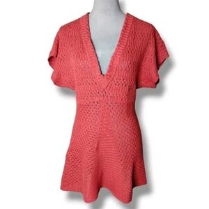 NWT Calvin Klein Crochet Knit Tunic Sweater L Deep V Flutter Sleeve Beach Cover